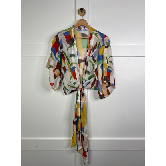 NEW Just Bee Queen Hana Front Tie Half Sleeve White Multicolor Print Cropped Top - Picture 2 of 7